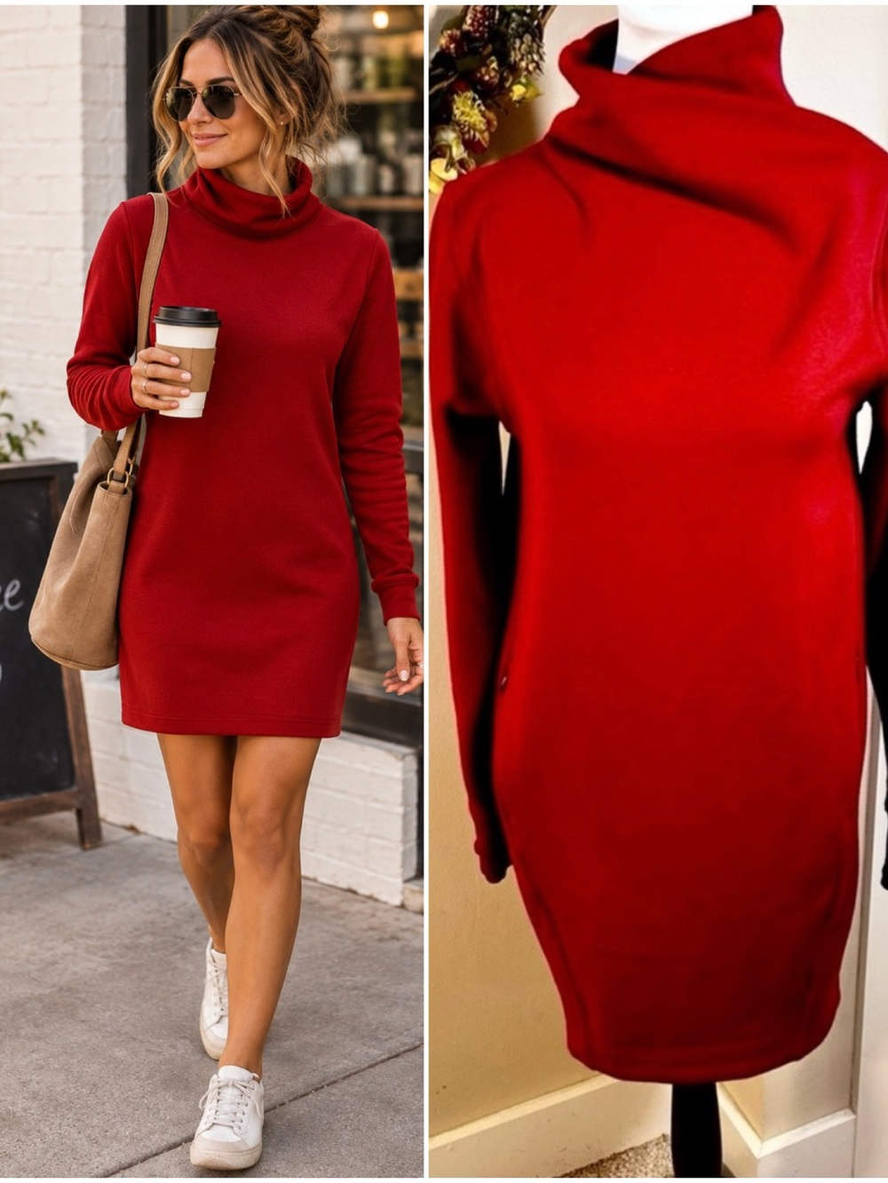 Athleta Cozy Karma Mock Neck Soft Fleece Athleisure Red Dress Sz L 🧡🎀